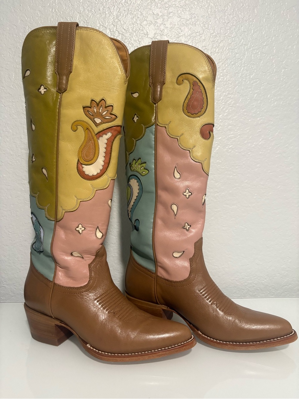 Tecovas Women's Multicolor Paisley Leather Cowboy Boots - Brown, Pink, Yellow